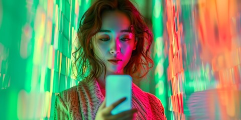 Dynamic powered by technology communication by AI concept Asian woman texting smart phone in neon colors light background 
