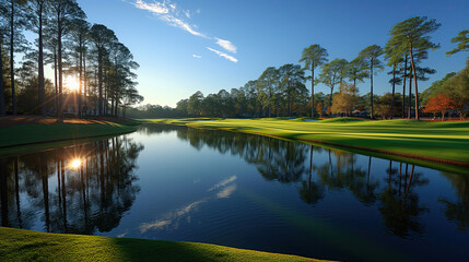 Golf course with a serene water feature, surrounded by tall trees. The sun is setting behind the trees, casting a warm glow over the landscape.