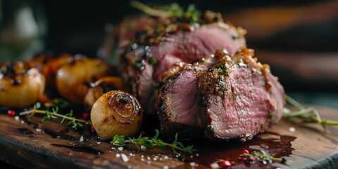 A succulent medium-rare roast beef coated with herbs, served with roasted onions and spices on a wooden board