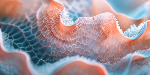 Macro image of a coral reef pattern with intricate textures and pastel hues, evoking an underwater dreamscape
