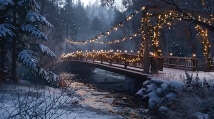 A picturesque snow-covered bridge spanning a frozen river, its rails adorned with garlands and twinkling lights for the holiday season. 8k, realistic, full ultra HD, high resolution, and cinematic - obrazy, fototapety, plakaty