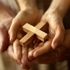 Fotobehang Hands Holding Wooden Cross © MP Studio