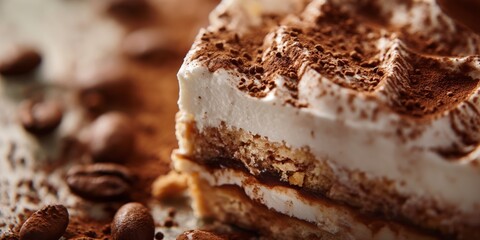This enticing close-up captures the layers and texture of a classic Tiramisu sprinkled with cocoa powder, sparking cravings and appreciation for Italian cuisine