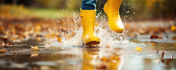 Happy kid splashing in puddles with yellow rubber boots. - obrazy, fototapety, plakaty
