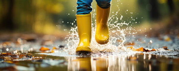 Happy kid splashing in puddles with yellow rubber boots.