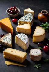 Cheese of different varieties on a black background.