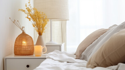 A cozy soft white bed with a bedside a close-up in daylight - obrazy, fototapety, plakaty