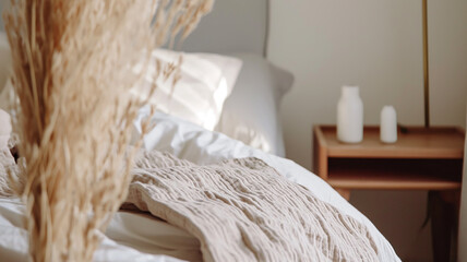 A cozy soft white bed with a bedside a close-up in daylight - obrazy, fototapety, plakaty