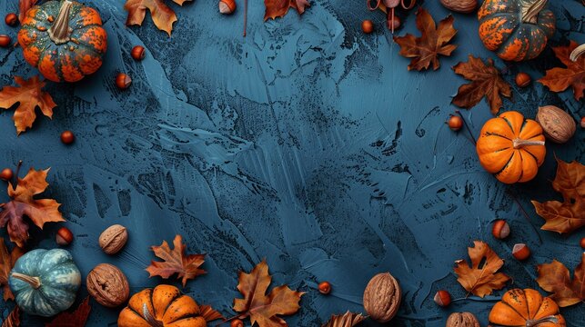 banner Autumn border of pumpkins, leaves, nuts on stone background with copy space