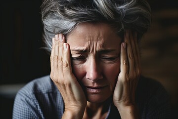 A woman is crying and holding her head