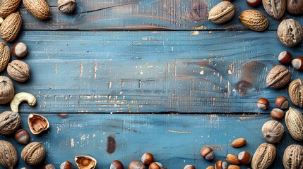 banner Various nuts on wooden surface on one side with cope space retro blue background - obrazy, fototapety, plakaty