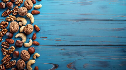 banner Various nuts on wooden surface on one side with cope space blue background - obrazy, fototapety, plakaty
