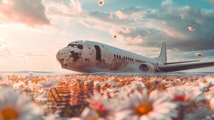 Blossom on Sands: A captivating scene--an abandoned airplane on the beach, calming waves, and flowers in full bloom.