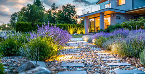 A beautiful garden with purple flowers and a pathway made of rocks