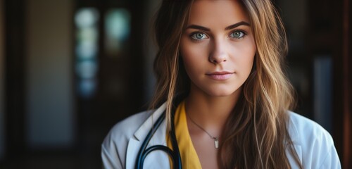 A woman in a white lab coat and yellow shirt is holding a stethoscope - Powered by Adobe