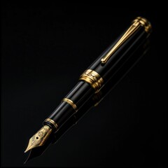 A black and gold fountain pen is elegantly displayed against a black background. The pens intricate design and luxurious color scheme create a striking contrast against the dark backdrop