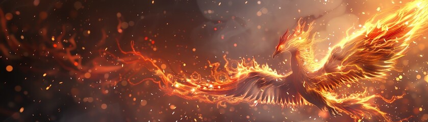 Transform the mythical phoenix into a symbol of resilience and inspiration through photorealistic digital rendering techniques from a low-angle perspective Infuse the image with vibrant colors - obrazy, fototapety, plakaty