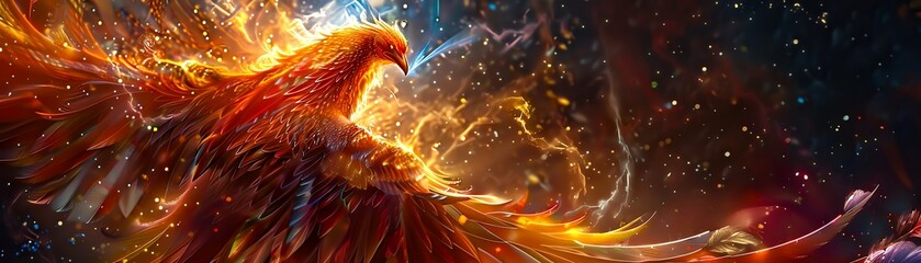 The mythical phoenix into a symbol of resilience and inspiration through photorealistic digital rendering techniques from a low-angle perspective - obrazy, fototapety, plakaty
