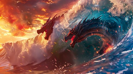 The majestic allure of a dragon surfing a fiery wave in vibrant - obrazy, fototapety, plakaty
