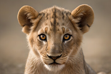 An adorable lion cub stares into the camera, close-up shot. - obrazy, fototapety, plakaty