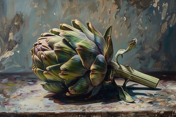 An artichoke being extracted in a traditional oil painting - obrazy, fototapety, plakaty