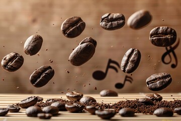A close up of coffee beans flying through the air