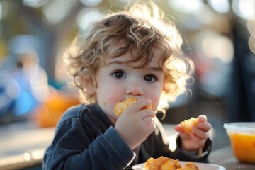 Naklejka premium A young child with tousled hair enjoys a meal, eyes sparkling with delight amidst a casual setting, evoking a sense of homey comfort and simple joy