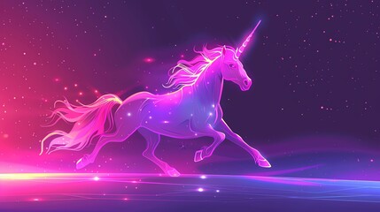 Obraz na płótnie Canvas An elegant unicorn with glowing mane, interfacing with a digital screen in a sleek, minimalist room, Vector art, pastel palette