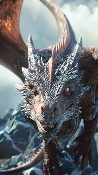 A majestic Dragon from a high-angle view, embodying the concept of fear and courage, using photorealistic digital rendering techniques