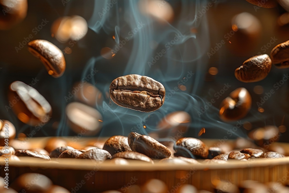 Wall mural A close up of coffee beans with smoke in the background