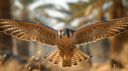 Obraz premium A majestic falcon in action flying towards the lens of the camera