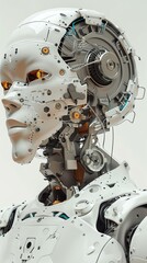 Fototapeta premium A digital rendering of a humanoid robots frontal view, integrating elements of human emotions in its design Incorporate the concept of artificial intelligence representing empathy through unexpe