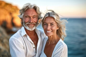 A man and woman are smiling at the camera on a beach