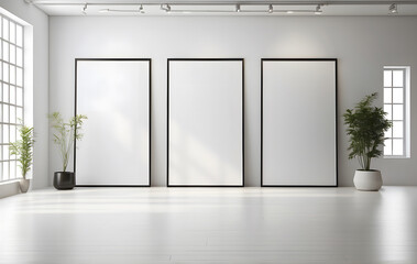 An empty white studio space with wall poster mockup design