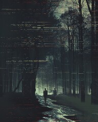 Infuse an air of mystery in a modern style with a long shot showcasing a spooky forest through glitch art techniques Digital Rendering Techniques