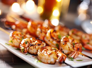Grilled shrimp skewers. Seafood, shelfish. Shrimps Prawns skewers with spices and fresh herbs on...