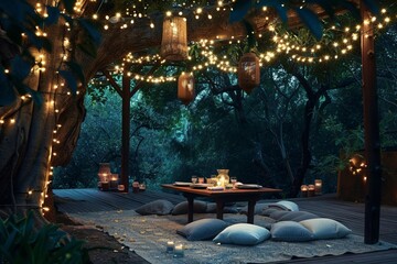 A Boho-inspired outdoor dining area with a low table, floor cushions, and string lights hanging from a canopy of trees, perfect for intimate gatherings and al fresco dining - obrazy, fototapety, plakaty