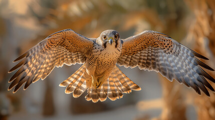 A majestic falcon in action flying towards the lens of the camera