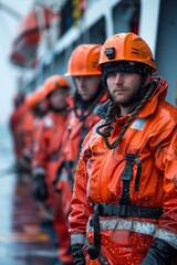  crew of a cargo ship equipped with safety gear and conducting a safety drill, emphasizing the importance of preparedness during maritime journeys.