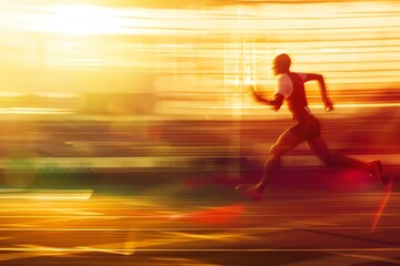 Athletic runner sprinting in an Olympic stadium at sunset, depicted with motion blur to convey speed and intensity