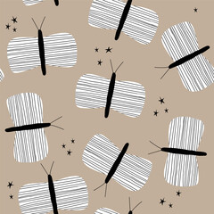 Seamless pattern with black and white butterflies. Vector hand drawn illustration.