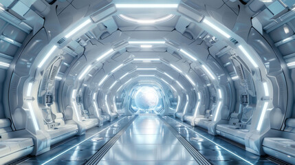 Futuristic Tunnel corridor of spaceship with neon light rays, High technology background, Abstract sci-fi empty hallway with light reflection on floor.