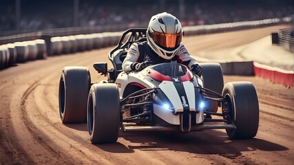 A helmet-wearing racer operating a vehicle on a track. artificial intelligence - obrazy, fototapety, plakaty