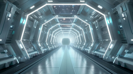 Futuristic Tunnel corridor of spaceship with neon light rays, High technology background, Abstract sci-fi empty hallway with light reflection on floor.