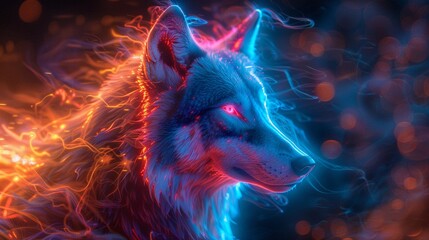 Neonilluminated wolf, phantasmal iridescence, with psychic waves radiating in a spectral dance