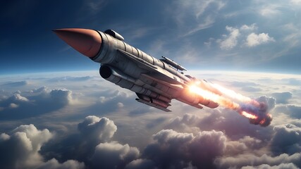 Naklejka na ściany i meble missile that travels faster than light. Above the clouds flies a battle missile. Airstrikes, missile strikes, warfare, and missile attacks