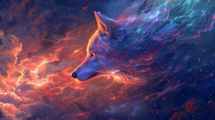 Surreal wolf, neon and iridescent, enveloped in phantasmal psychic waves, under a mystical sky - obrazy, fototapety, plakaty