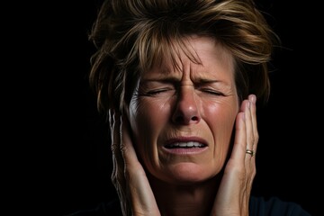 A woman with her hands on her ears, looking sad