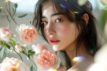 薔薇の花と女性の美容イメージ（スキンケア・ボディケア・エステサロン）
