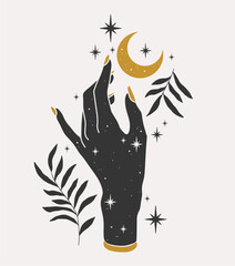 Boho crescent and woman hand. Alchemy esoteric magic space. Elegant illustration.